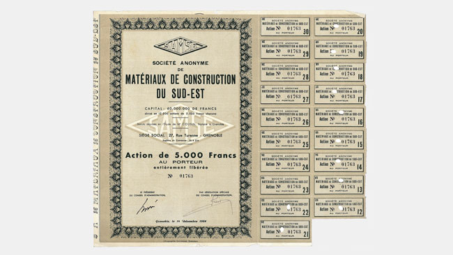 Document papier : action Samse de 5000 francs au porteur (1956)