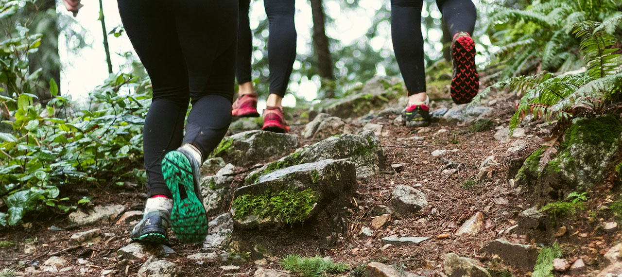 Pieds de randonneurs en pleine forêt