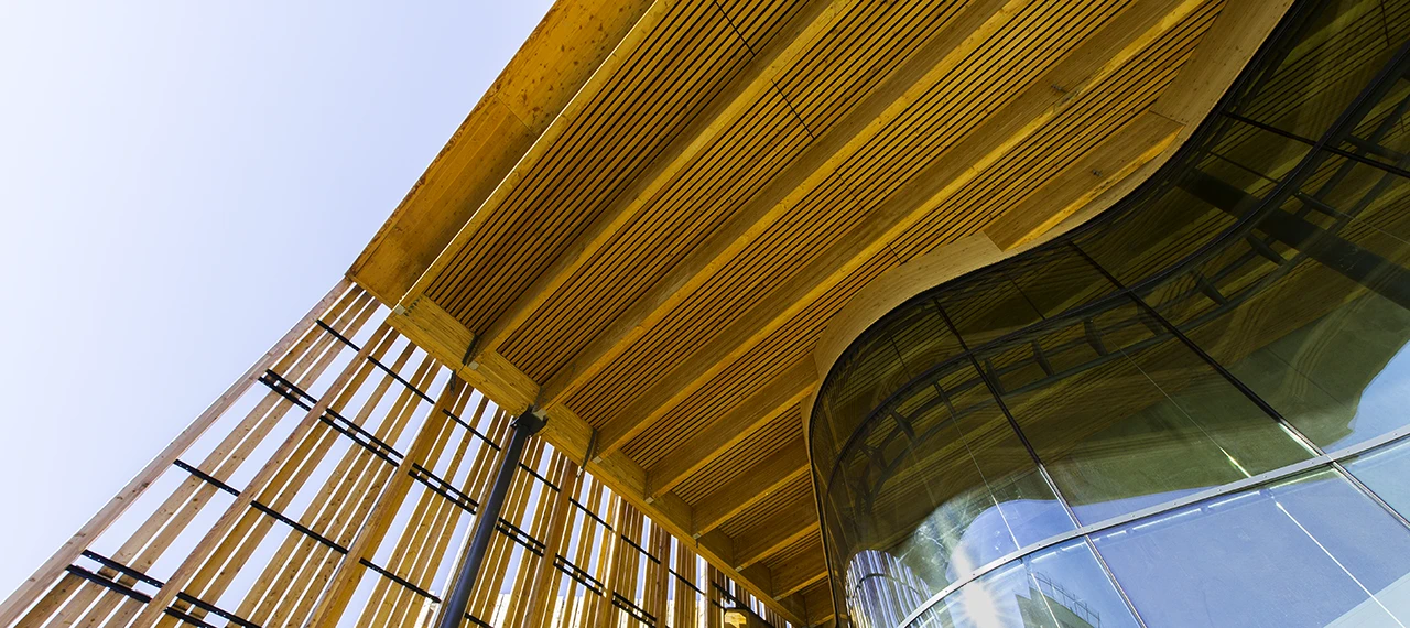 Façade d'un immeuble en bois et verre, vue en contre-plongée