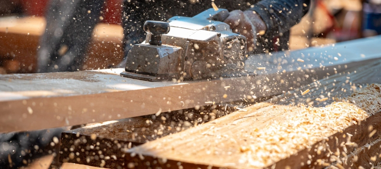 main sur une ponceuse à bois en plein travail