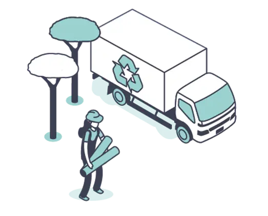 une femme avec des materiaux dans les bras devant un camion de recyclage
