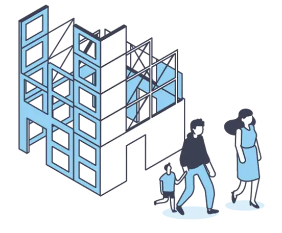 un batiment en construction en arriere-plan avec une famille devant