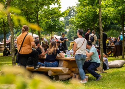 rassemblement de personnes dans un parc ombragé