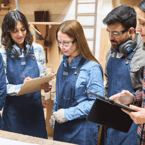 groupe de jeunes dans un atelier menuiserie avec un professeur