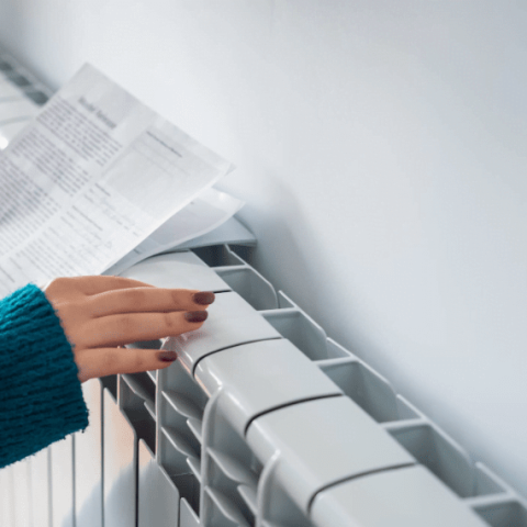 femme avec les mains posées sur un radiateur récent avec une facture