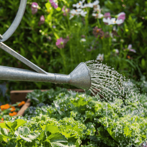 une personne arrose un potager